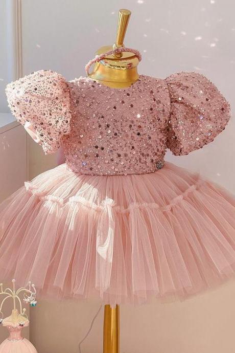 Latern Sleeves Sequin And Tulle Girl Dress