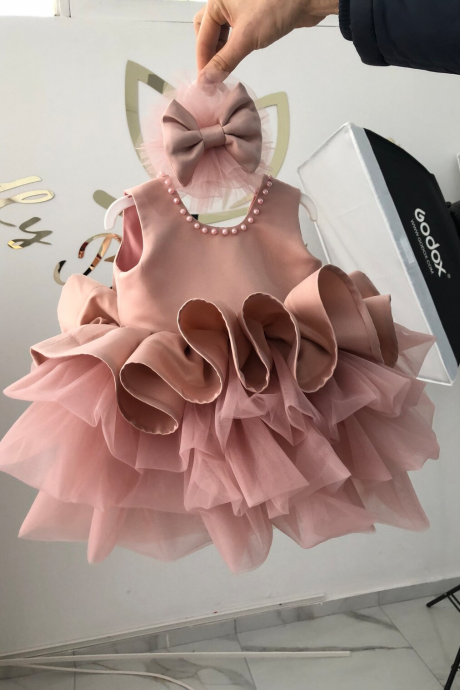 Chic Blush Pink Little Girl Dress Bow Ceremony Wear