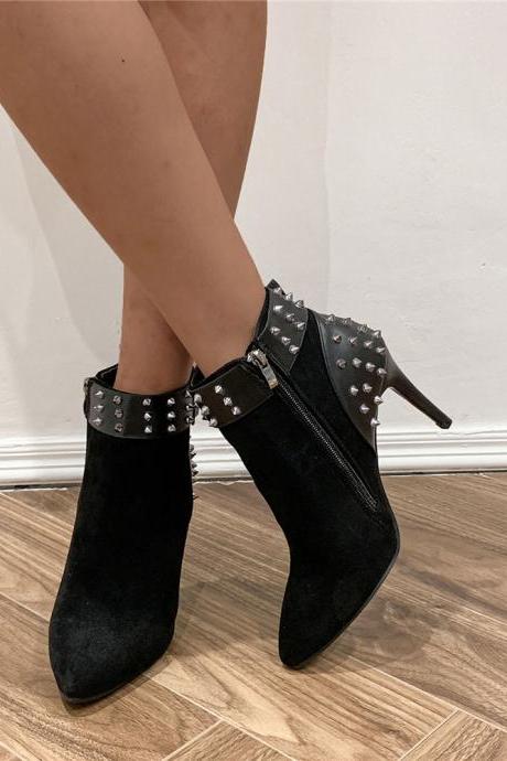 Stud Decor Women Black Stiletto Heels Ankle Boots