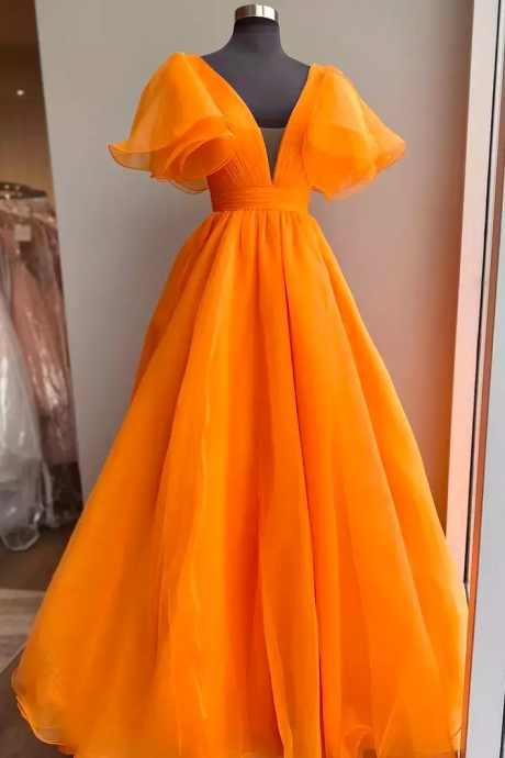 Orange Puffed Sleeve Prom Dresses