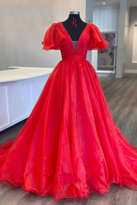 Plunging Neck Puffed Sleeves Red Organze Prom Dresses