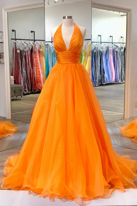 Halter Tangerine Organza Prom Dress