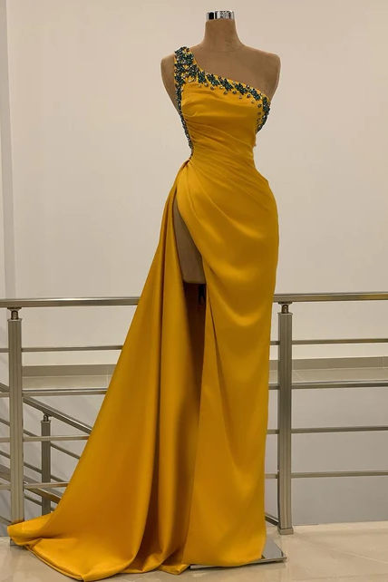 One Shoulder Gold Satin Couture Dress With High Split