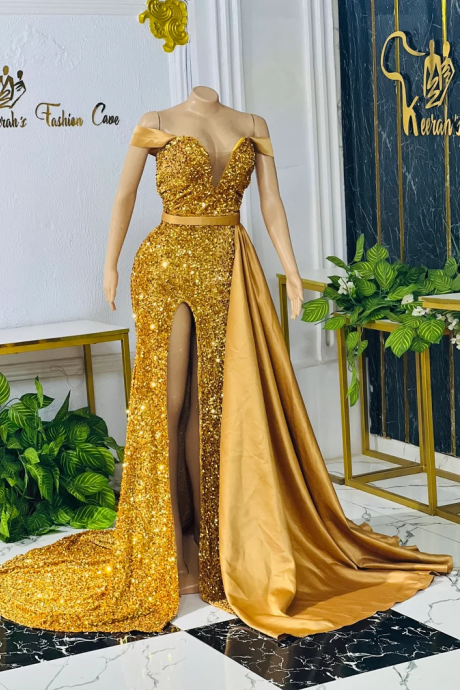 Off Shoulder Gold Sequin Formal Occasion Dinner Evening Dress