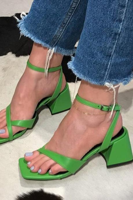 Green Block Heel Women Sandals Summer Shoes