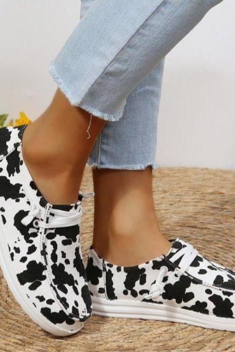 Women Black And White Cow Print Lace-Up Front Casual Shoes