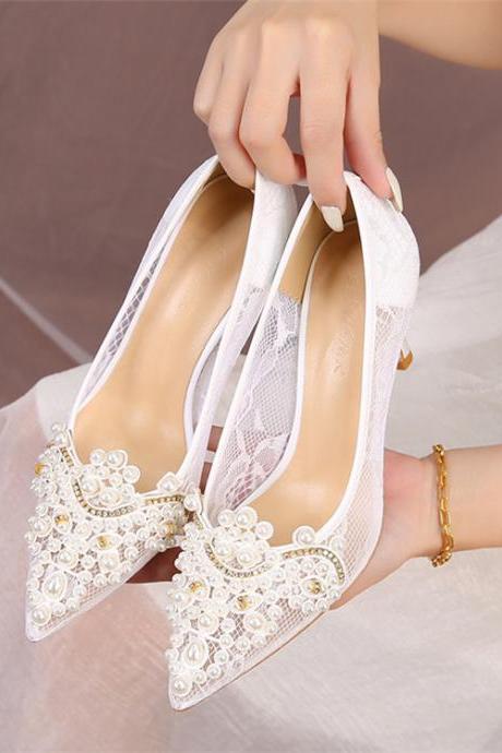 Pearls Decor Women Pupms Heels Wedding Shoes 