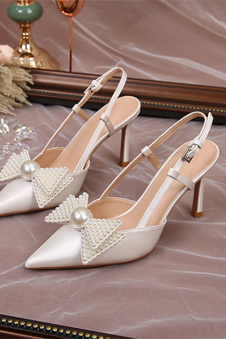 Pearls Bow Decor Women Pumps Heels Shoes
