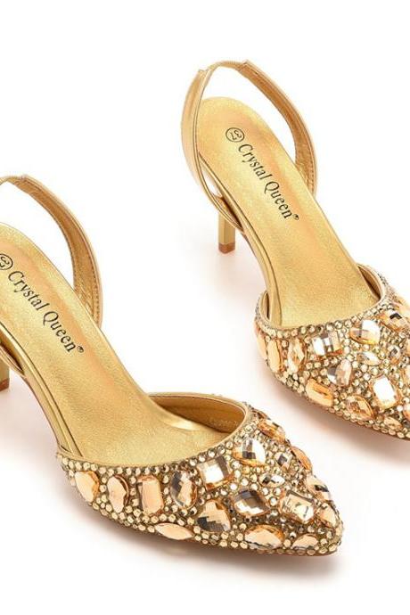 Jeweled Detail Slingback Women Gold Prom Shoes