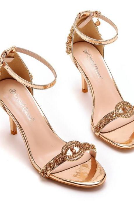 Rhinstones Decor Champagne Gold Ankle Strap Women Shoes For Prom Party