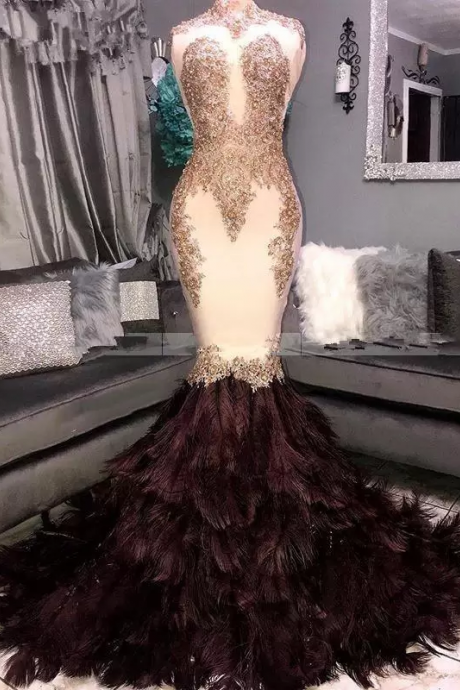 Appliqued Ivory Body Mermaid Prom Dress with Black Feather