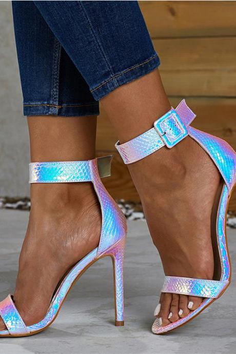 Pink Holographic Ankle Strap Sandals Heels Women Summer Shoes