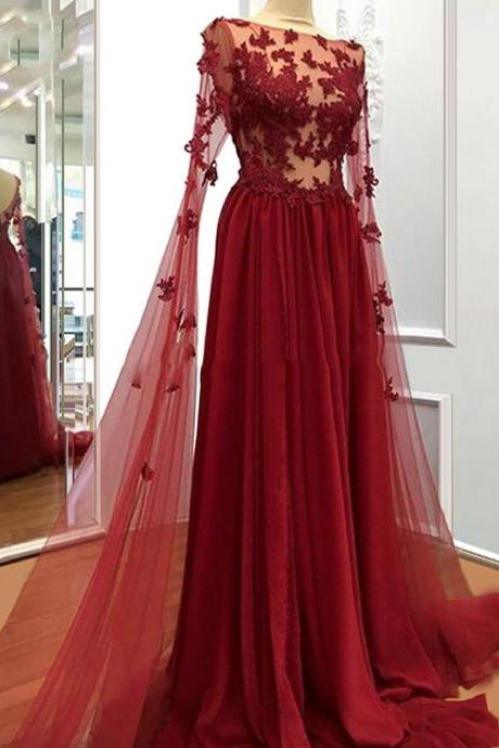Appliqued Sheer Bodice Dark Red Long Pageant Dress Formal Wear Evening Gown