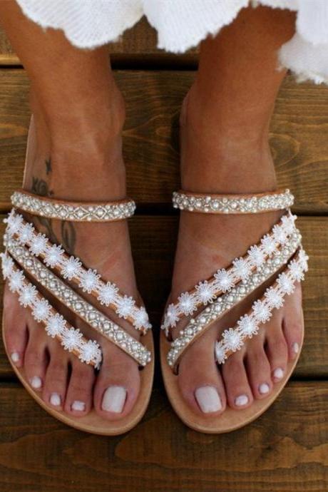 Faux Pearls Decor Women Summer Slide Sandals