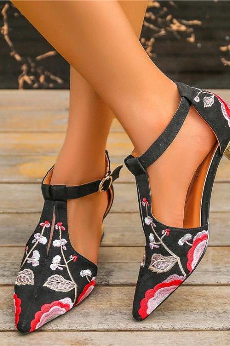 Embroidery T Strap Suede Women Sandals Shoes