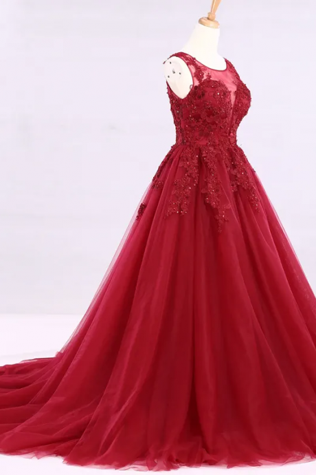 Appliqued Red Long Evening Gowns Formal Occasion Dress