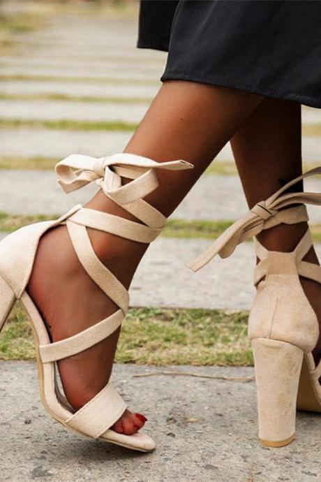 Tie Leg Faux Suede Chunky Heel Sandals Women Summer Shoes