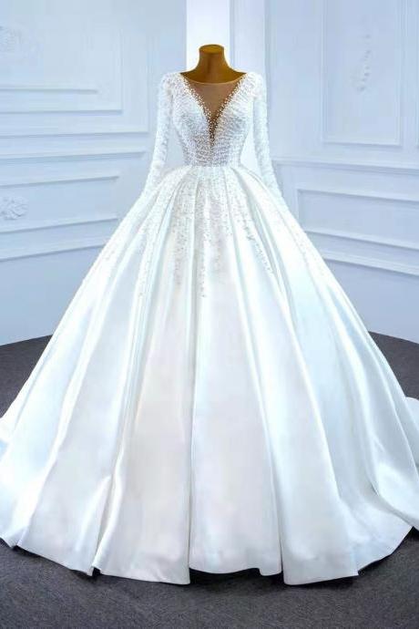 Pearls Decored Long Sleeves Ball Gown Wedding Dress