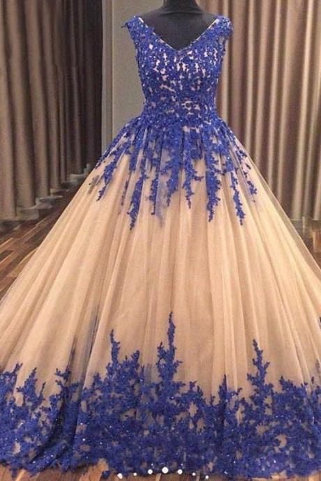 V Neck Evening Gown with Royal Blue Lace Formal Dress