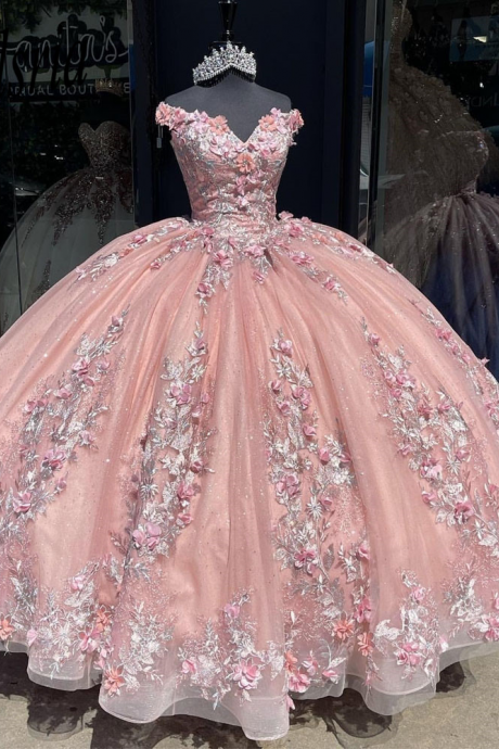 Off Shoulder 3d Appliques Ball Gown Quinceanera Dress For 15 Birthday Party