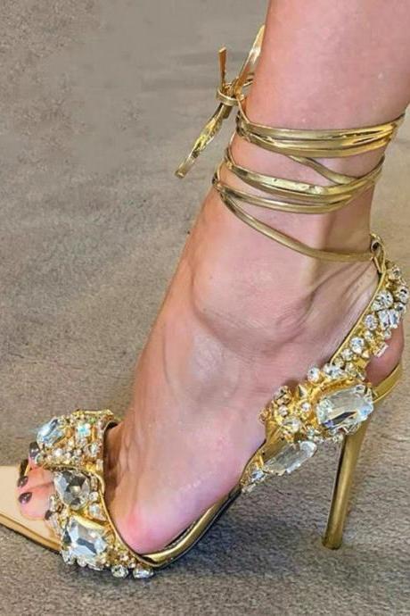 Jeweled Gold Sandal Heels Prom Shoes Women