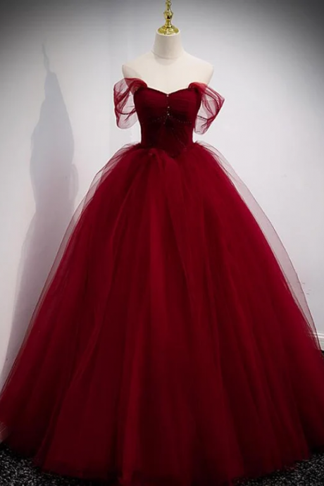 Beaded Detail Dark Red Tulle Formal Occasion Dress Women Evening Gown