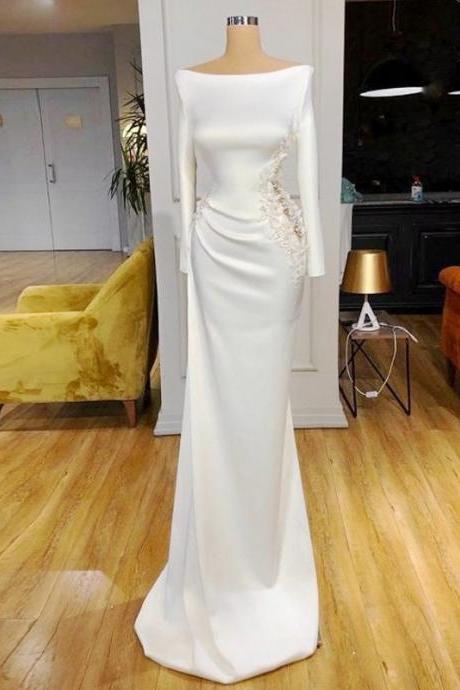 Long Sleeves White Evening Gown Formal Occasion Dress