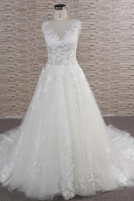 Appliques Decor Ivory Wedding Dress Custom Bridal Gown
