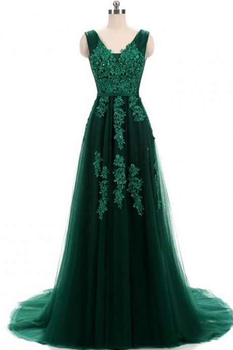 A-line V Neck Emerald Green Formal Dress Evening Gown