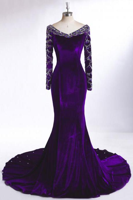 Long Sleeves Purple Velvet Formal Occasion Dress With Beads