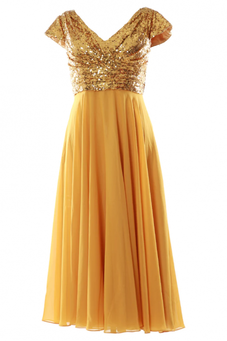 Cap Sleeves Gold Sequin Chiffon Mother Of The Bride Groom Dress