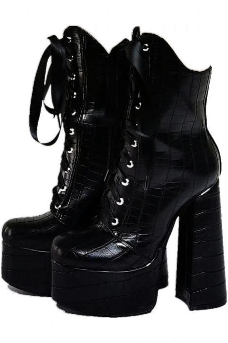 Embossed Black Platform Ankle Boots