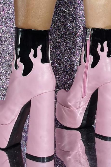 Pink&black Women Platform Ankle Boots Shoes