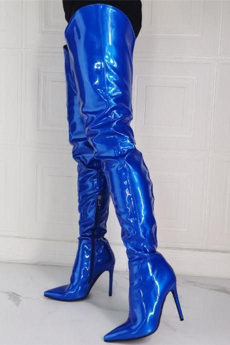 Royal Blue Women Leather Knee High Boots