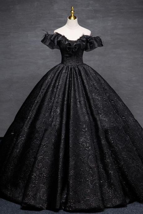 Off Shoulder Feather Details Black Ball Gown Evening Dress