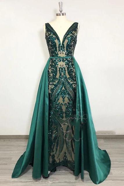 Sleeveless Emerald Green Prom Dresses With Removable Skirt