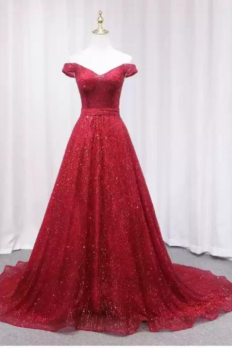 Glitter Off Shoulder Red Long Formal Occasion Dress Evening Gown