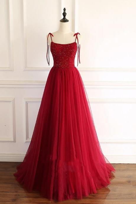 Scoop Neck Red Long Formal Occasion Dress Tulle Evening Gowns With Beaded Chest