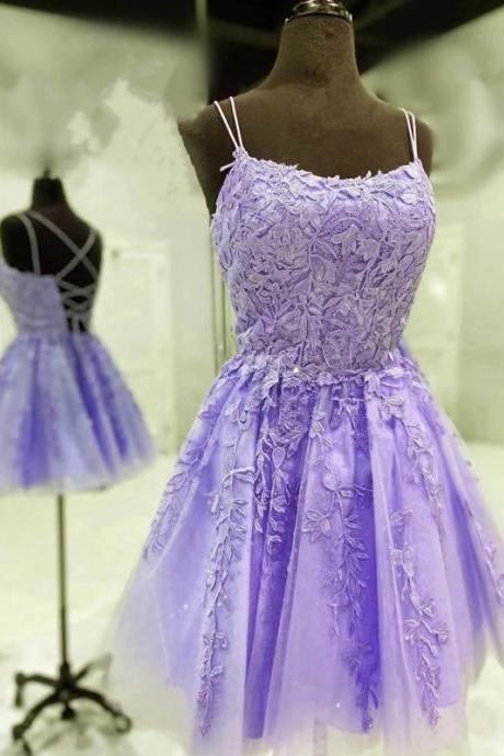 Lavender Short Homecoming Party Dress With Lace Details
