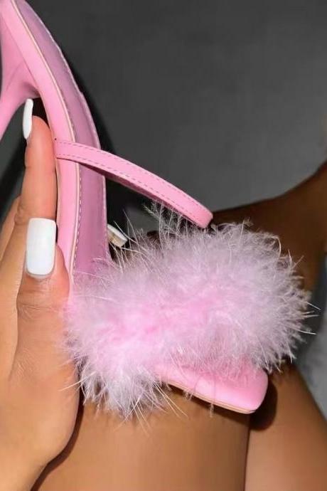 Fluffy Details Mary Jane High Heel Sandals Shoes Summer