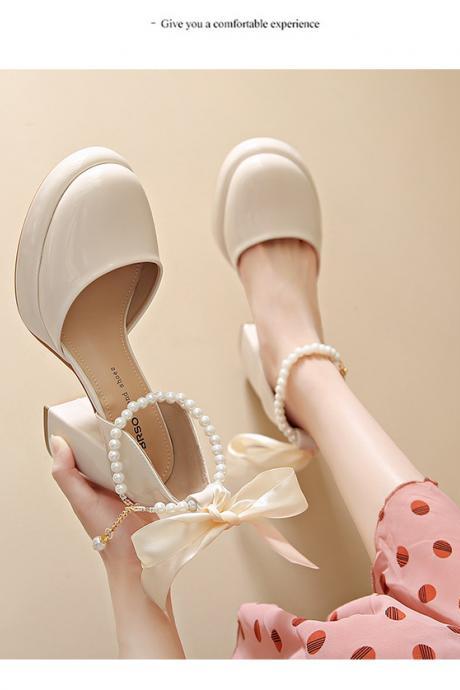 Faux Pearl Ankle Strap Women Chunky Heels Sandals