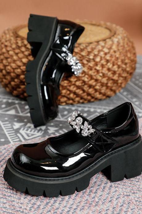Crystals Decor Black Platform Flats Teen Girl Shoes