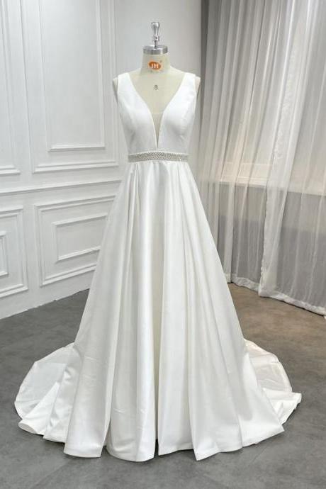 Plunging Neck Satin Bridal Dress Custom Made