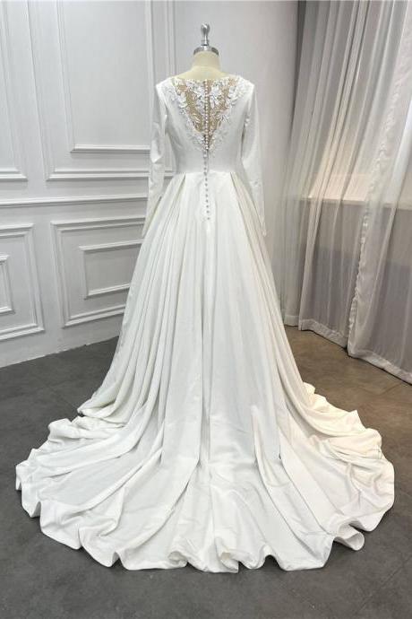 Long Sleeves Princess Wedding Gown Simple Satin Bridal Dress