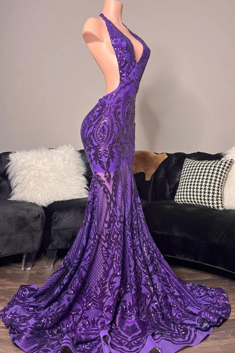 Halter Backless Purple Glitter Prom Dress