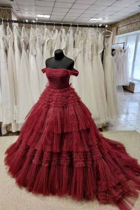 Off The Shoulder Burgundy Ball Gown Evening Dress Formal Occasion Red Carpet Dress