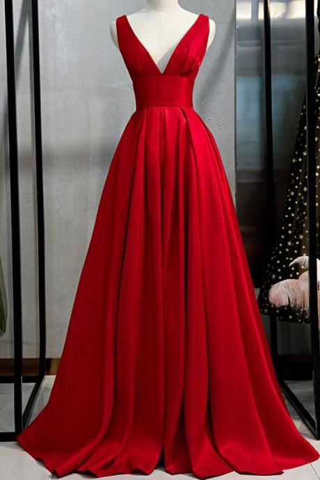 V Neck Red Satin Long Pageant Dress Evening Gown
