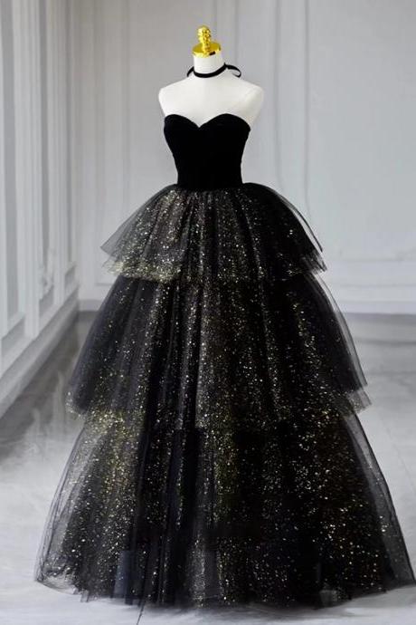 Sweetheart Black Velvet Bodice Tiered Glitter Skirt Long Evening Gown