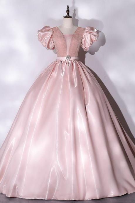 Puffy Sleeves Pink Ball Gown Pageant Dress