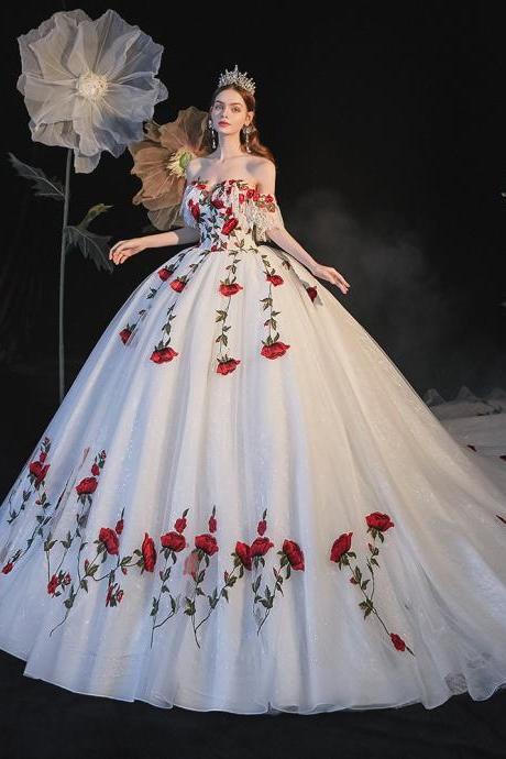 Off Shoulder Princess Pageant Dress With Floral Appliques